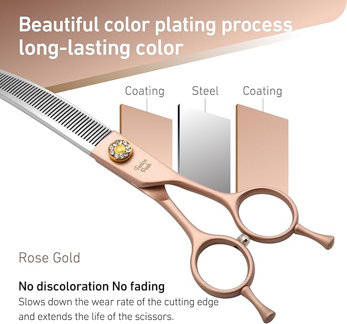 Fenice Peak Professional Curved Thinner Dog Grooming Scissors 7.0'' Rose Gold Thinning Shears Extremely Sharp Blades 440C Stainless Steel Thinning Shears Durable Smooth Fine Cut for Dogs and Cats.