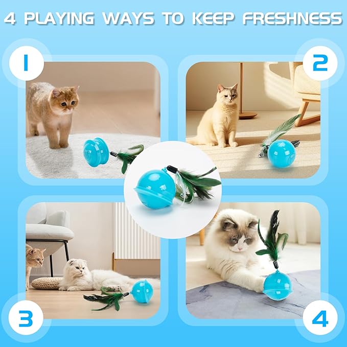 Cat Feather Toy Ball Automatic Moving Interactive Cat Toys for Indoor Cats, Self Rolling Electric Smart Tumbler Ball with Colorful Light and Big Feather Chasing Game (Blue)