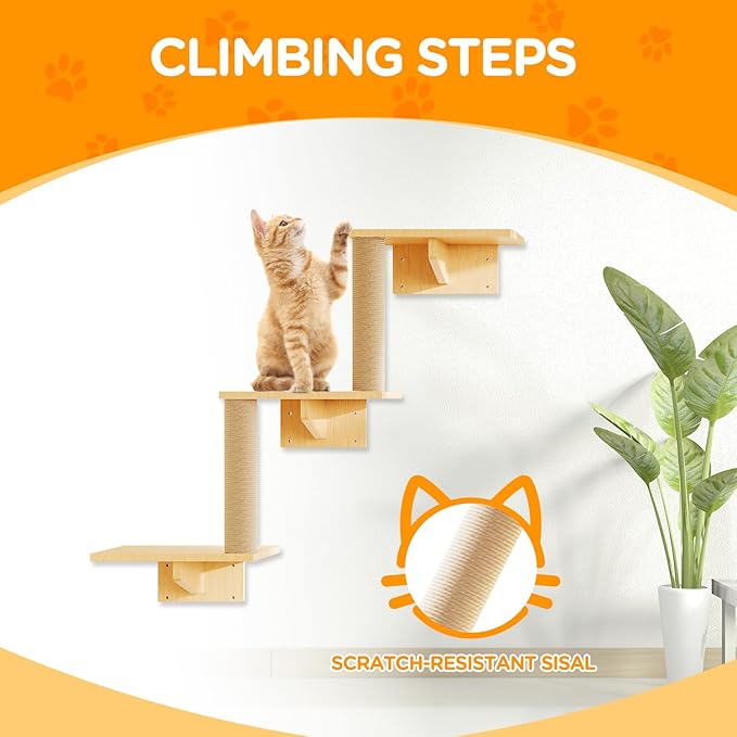 MeowHomm Cat Wall Shelves, Set of 5 Wooden Cat Wall Furniture with Cat Condo, Cat Scratching Post with 3 Steps, Bridge, Cat Hammocks and Scratcher