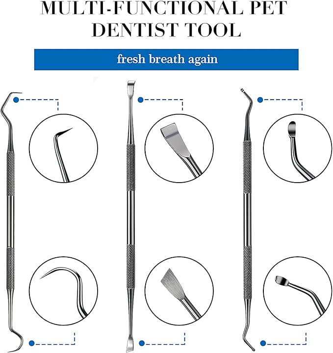 Hotop 3 Pieces Dog Dental Tooth Scaler and Scraper Stainless Double Headed Tarter Removing Tool Scraper Pet Teeth Cleaning Tools for Dog and Cat