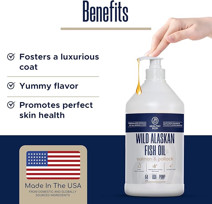 Wild Alaskan Salmon Oil for Dogs with Pollock - 64 oz of Pollock and Salmon Oil, Omega 3, EPA, and DHA - Dogs Skin and Coat Supplement - Made in USA