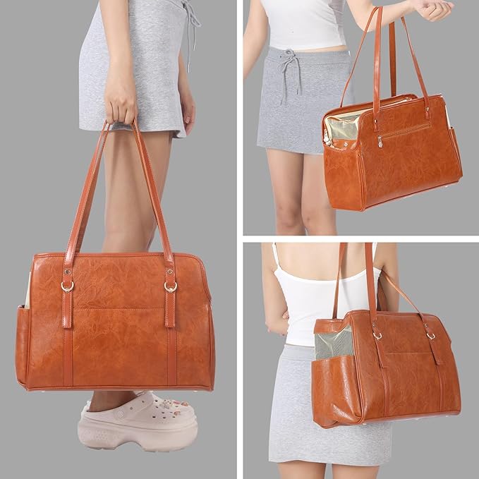 Dog Carrier Purse, Fashion Leather Pet Carrier with Pockets, Airline Approved Soft Sided Dog Carrying Bag for Puppy Cat Dog Brown