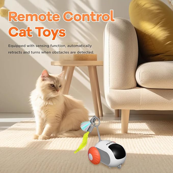 Turbo Tail 3.0 Interactive Cat Toy - Smart Remote Control Electric Mouse with Feathers, 3 Play Modes (Smart/Manual/Standby), Auto Obstacle Avoidance, Type-C, 8H Playtime - Orange (2 PCS)
