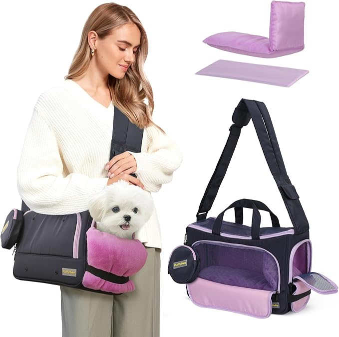 Small Dog Sling Carrier, Front Facing Dog Carrier Sling, Hands Free Pet Carriers Bag with Padded Adjustable Strap and Poop Dispenser Machine Washable for Small Dogs Cats Travel Outdoor-Black
