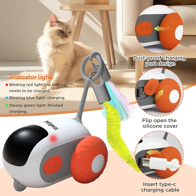 Turbo Tail 3.0 Interactive Cat Toy - Smart Remote Control Electric Mouse with Feathers, 3 Play Modes (Smart/Manual/Standby), Auto Obstacle Avoidance, Type-C, 8H Playtime - Orange (2 PCS)