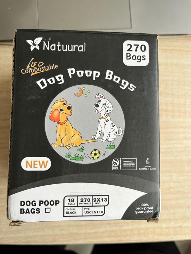 Certified Compostable Dog Poop Bags-270 Bags 18Rolls, Poop Bags for Dogs Made of Cornstarch - ASTM D6400 By USA, Leakproof Easy Open, Unscented Dog Waste Bags (Black)