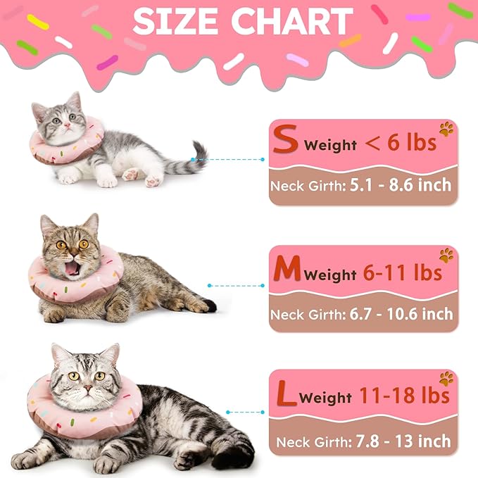Cat Cone Collar Soft, Waterproof Cat Recovery Collars Spay Cones to Stop Licking Cute Donut E Collar After Surgery Anti-Lick Wound Healing Safety Elizabethan Collar for Kittens (Donut Pink, Large)