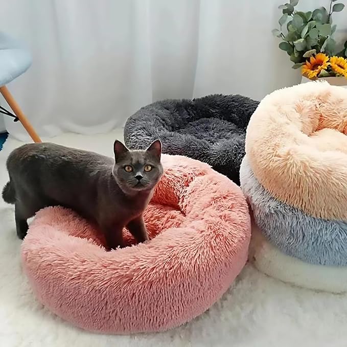 Calming Dog Bed for Small Dogs, Calming Donut Cuddler Pet Bed Anti Anxiety Round Dog Bed Fluffy Plush Faux Fur Cat Bed,Black+White,35.5IN