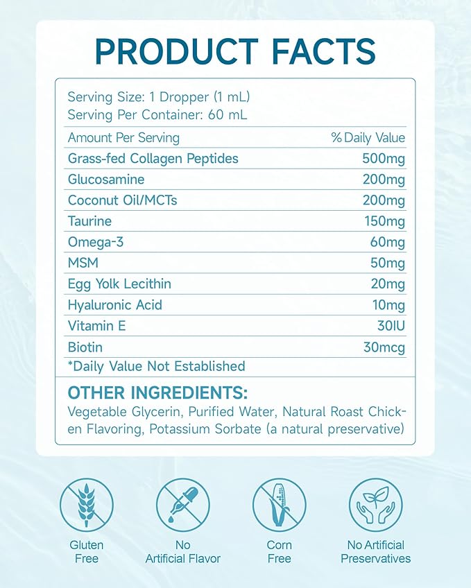 Collagen for Cats - Hip and Joint Supplement, Digestive & Immunity Support, Skin & Coat Health, Liquid Collagen for Cats with MSM, Glucosamine, Coconut Oil, Vitamin E, Roast Chicken Flavored, 60ml