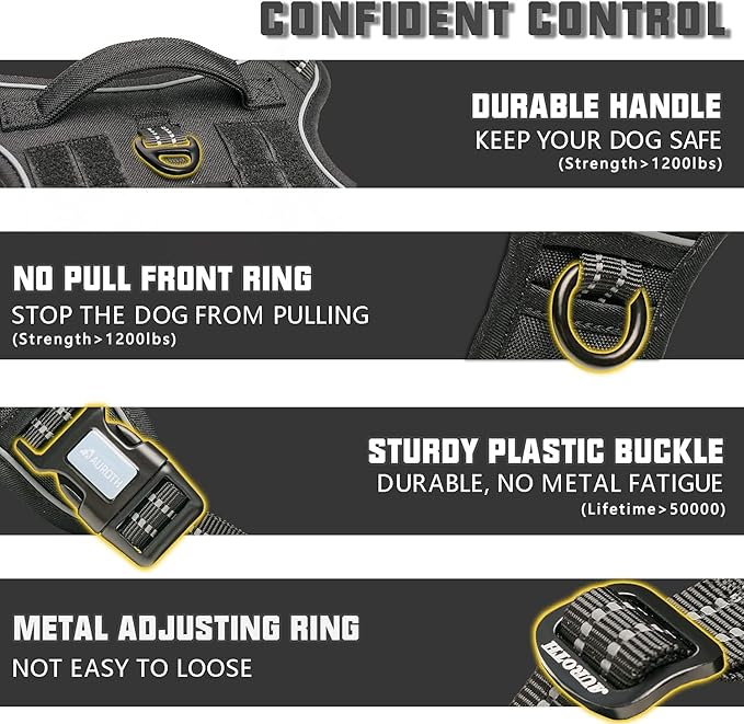 Auroth Tactical Dog Harness for Small Medium Dogs No Pull Adjustable Pet Harness Reflective Working Training Easy Control Pet Vest Military Service Dog Harnesses Black S