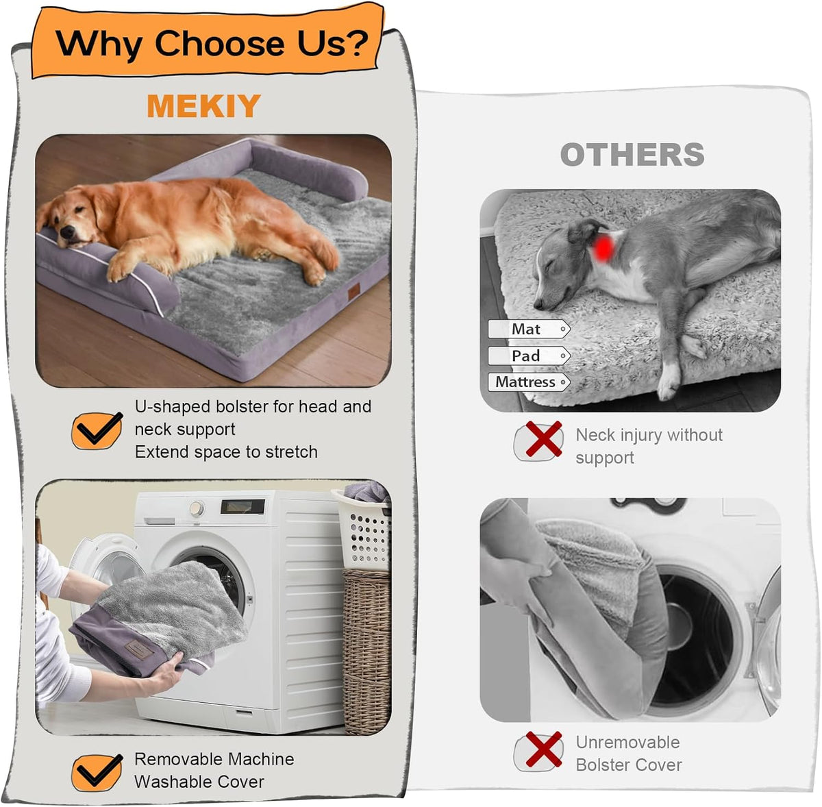 Orthopedic Large Dog Bed Washable, Orthopedic Dogs Bed with Removable Bolsters, Washable Dog Beds Cover for Extra Large Dogs, Waterproof Pet Beds and Non-Slip Bottom