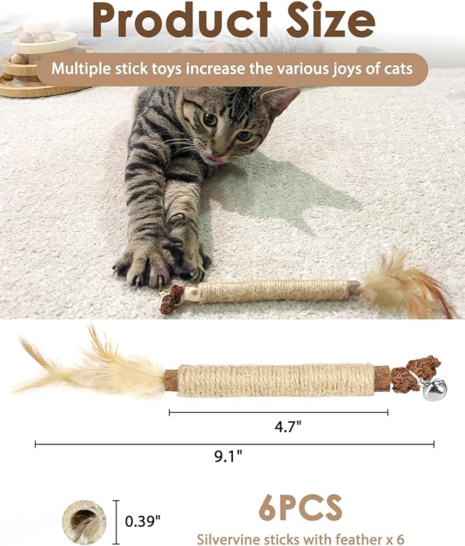 Tocirelo Kitten Chew Toys Teething - 6Pack Natural Silvervine Sticks for Cats, Matatabi Cat Feather Toy Chew Sticks, Cat Teeth Cleaning Treats for Indoor Bored Kitten