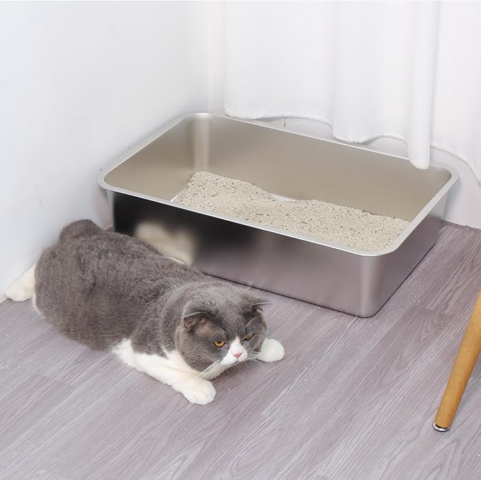 Stainless Steel Litter Box -6in High Sided,XL Metal Cat Litter Box for Big Cats Easy to Clean, Cat LitterBox Metal Pet Toilet for Adult Big Cats,Non Stick, No Smell,23.6"x15.8"x6"