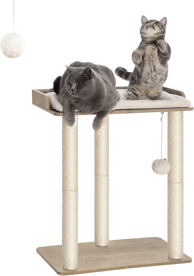 FourFurPets 26.7in Large Cat Tree Tower Condo, Cat Scratch Posts for Indoor Cats, Big Plate, Three 23.6in Full Sisal Scratching Posts, Greige
