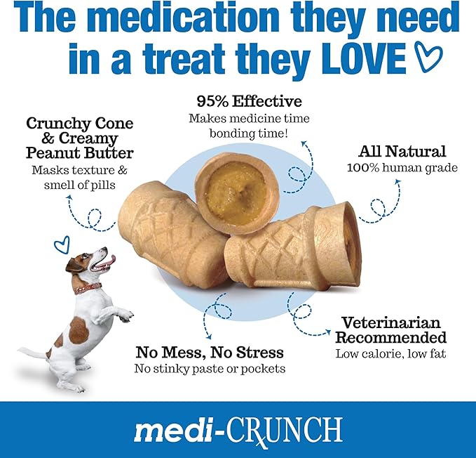 Medi-Crunch Pill Pouches for Dogs, Peanut Butter Dog Pill Treats for Capsules & Tablets, Crunchy Pill Pocket Alternative for Picky Eaters, Hypoallergenic Low Sodium Vet Recommended, 60 Treats