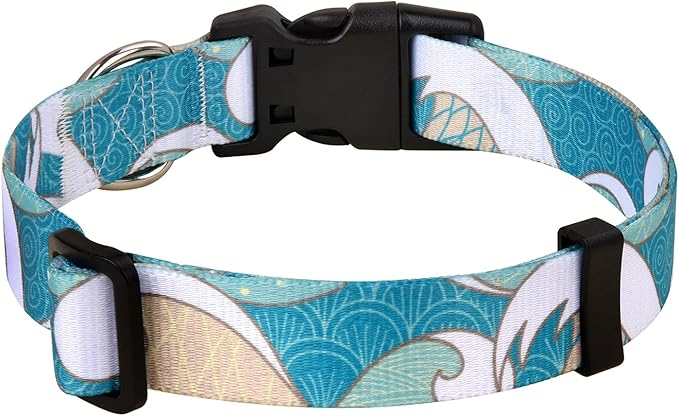 Dog Collar with Bohemia Floral Tribal Geometric Patterns - Soft Ethnic Style Collar Adjustable for Small Medium Large Dogs(Sea Wave,L)