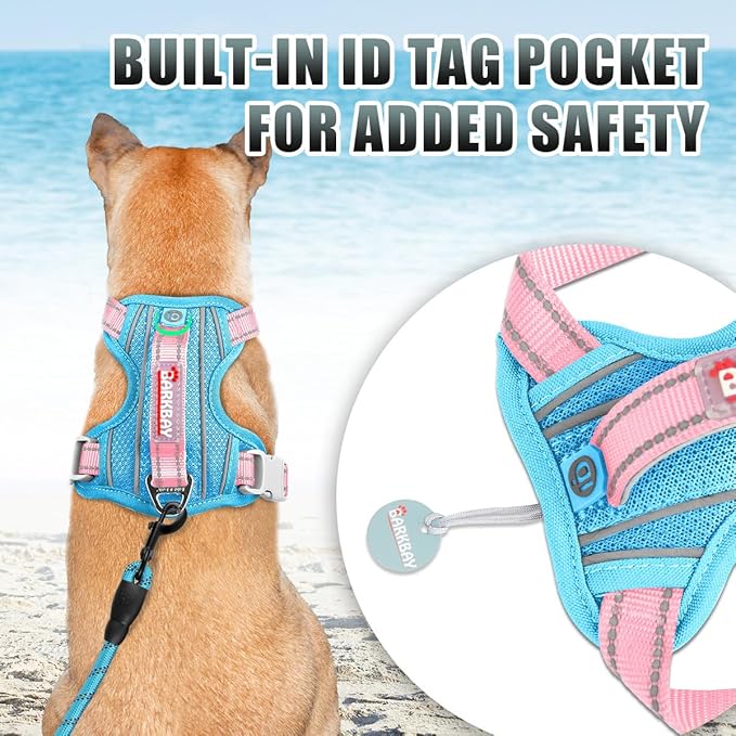 BARKBAY No Pull Dog Harness Large Reflective Dog Harness with Front Clip and Easy Control Handle for Walking Training Running with ID tag Pocket(Baby Blue & Baby Pink,M)