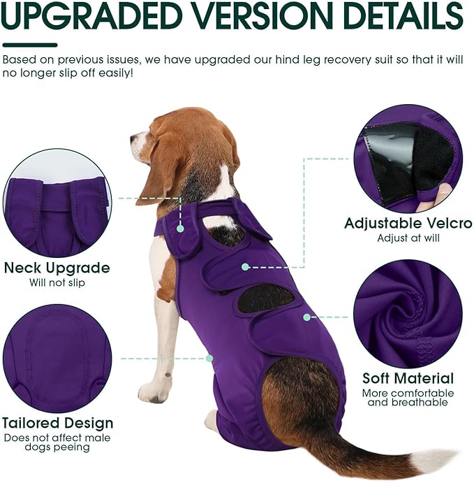 Kuoser Dog Surgery Recovery Suit for Rear Legs, Thigh Wound Protective Sleeve for Dogs, Dog Recovery Sleeve for Female Male Dogs, Dog Onesie After Surgery Pet Surgical Suit for Spay Neuter, Purple S
