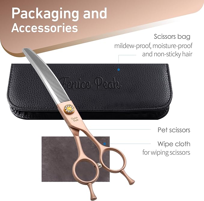 Fenice Peak Professional Curved Thinner Dog Grooming Scissors 7.0'' Rose Gold Thinning Shears Extremely Sharp Blades 440C Stainless Steel Thinning Shears Durable Smooth Fine Cut for Dogs and Cats.