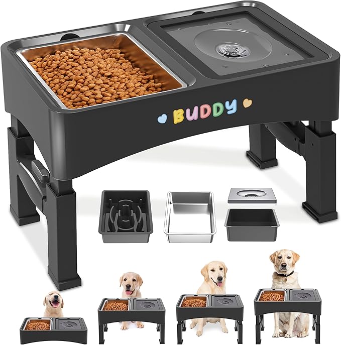 Decflow 3-in-1 Elevated Dog Bowls, 4 Height Adjustable Raised with Stainless Steel, Slow Feeder, No Spill Water Bowl, DIY Stickers Foldable Pet Bowl for Medium Large Dogs