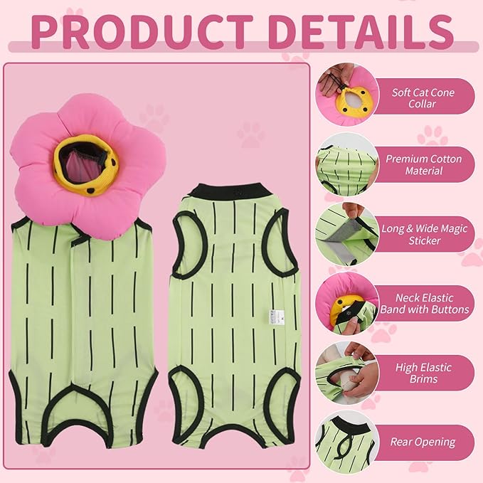 EMUST Cat Recovery Suit and Cone Collar - Cute Surgical Suit for Abdominal Wounds or Skin Diseases, Adjustable Flower Neck Collar Soft for Cats 4-8lb (Green, M)