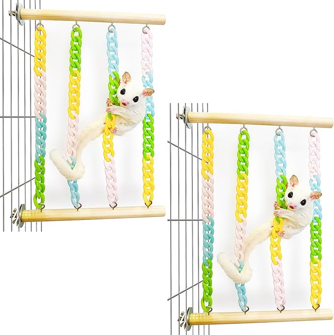 2Pcs Sugar Glider Climbing Toys, Natural Wood with Sturdy Colorful Chains Hanging Toys Sugar Glider Cage Accessories, Wobble-Free Rat Enrichment Toys for Small Animals and Parrots