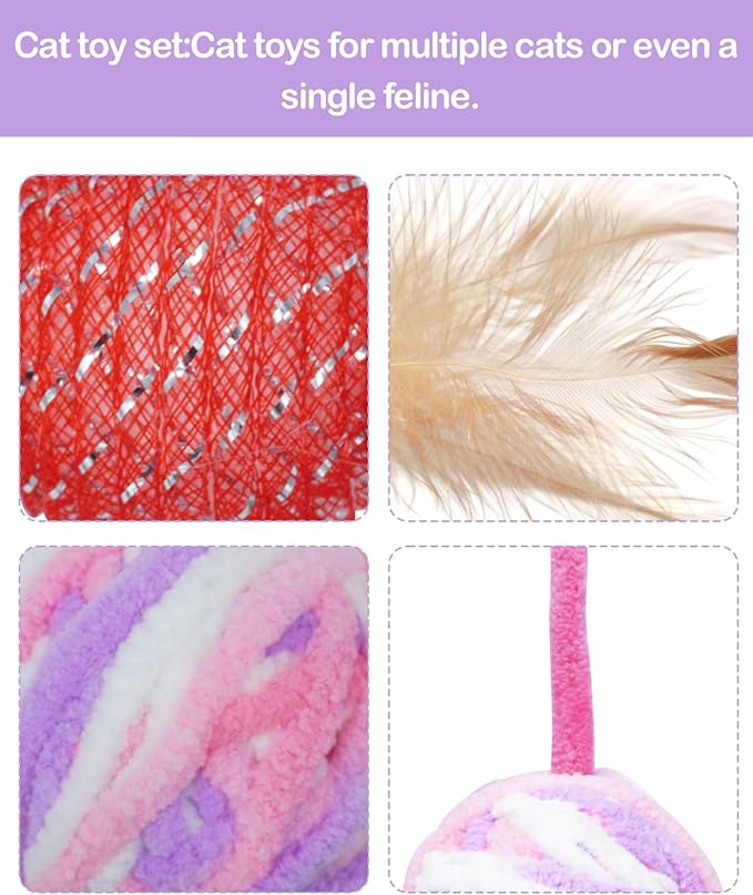 PET SHOW 10 Pack Cat Toys - Woolen Yarn Cat Balls, Interactive Mesh Feather Ball, String Toy for Indoor Cats, Chase Training Activity for Kittens