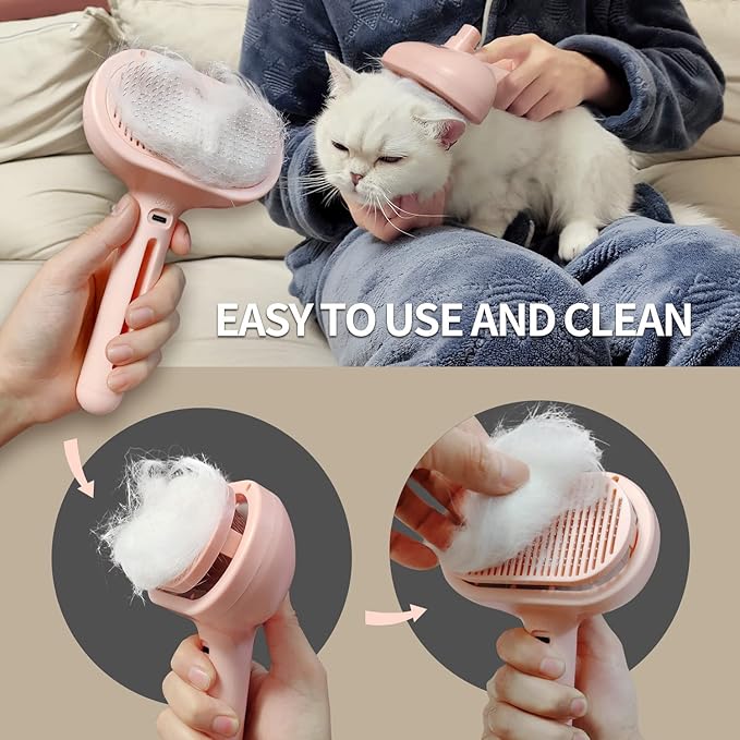 3-in-1 Steam Brush with Release Button and Tank, Anti-Static Pet Brush for Long and Short Hair - Removes Tangles and Loose Hair (Pink)