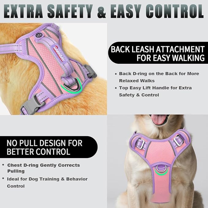 BARKBAY No Pull Dog Harness Large Reflective Dog Harness with Front Clip and Easy Control Handle for Walking Training Running with ID tag Pocket(Baby Pink & Violet Purple,M)