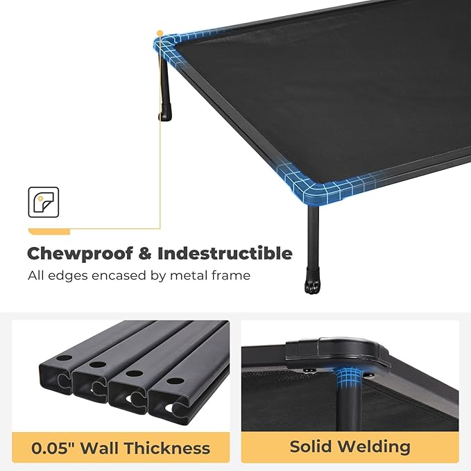 Veehoo Chewproof Elevated Dog Bed - Cooling Raised Pet Cot, Breathable Mesh, Washable & Non-Slip for Large Dogs, Indoor/Outdoor, Black Mat and Black Frame, 42x30inches (Model CWC2203A03)