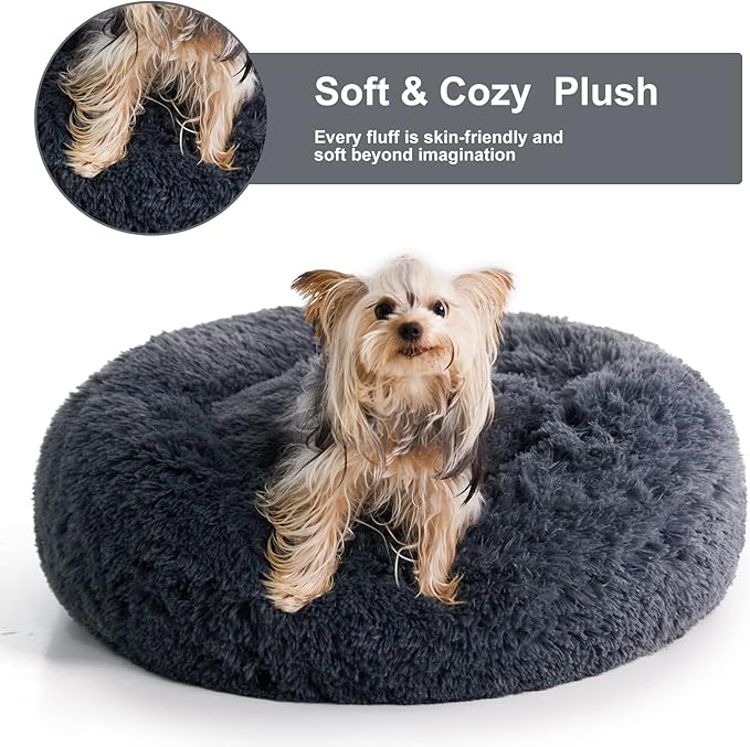 WNPETHOME Calming Dog Beds for Large Dogs, Anti-Anxiety Donut Large Pet Bed, Fluffy Faux Fur Plush Dog Bed，Warming Cozy Soft Round Pet Bed for Jumbo Dogs, Cat Cuddler Cushion Bed