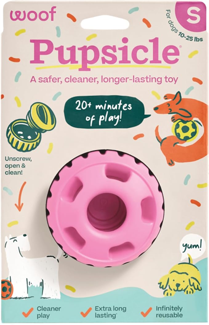 WOOF Party Pupsicle - Long-Lasting Interactive Dog Toys for Boredom - Low-Mess Design - Birthday Gifts for Dogs - Small Dog Toys - Party Pink