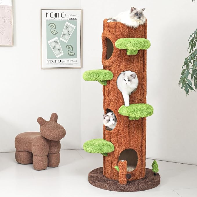 Magic Forest Cat Tree Tower, 62 inches Tall, Real Solid Wood Cat Tree for Multi-Cat Household