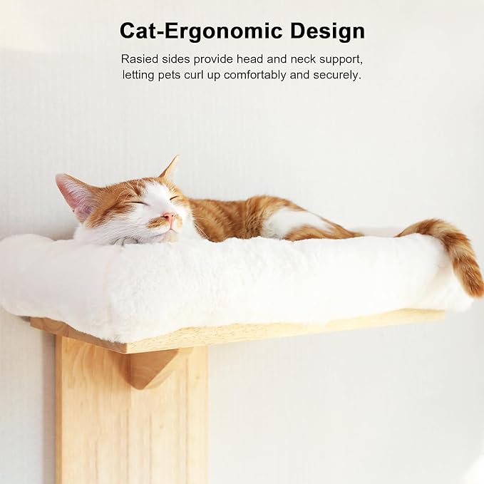 FUKUMARU Cat Wall Shelves, 2 Platform Cats Walls Furniture, Tree Shape Kitten Floating Shelf with Soft Cushion Perch, Solid Rubber Wood for 16 Inch Drywall, Suitable for Climb, Play, Nap