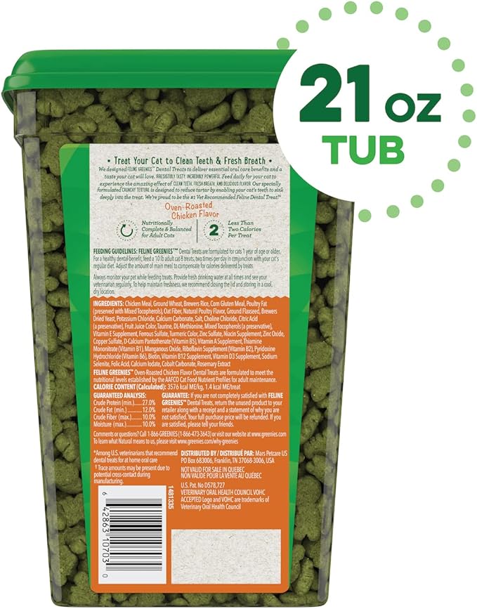 Greenies Feline Adult Dental Cat Treats, Oven Roasted Chicken Flavor, 21 oz. Tub
