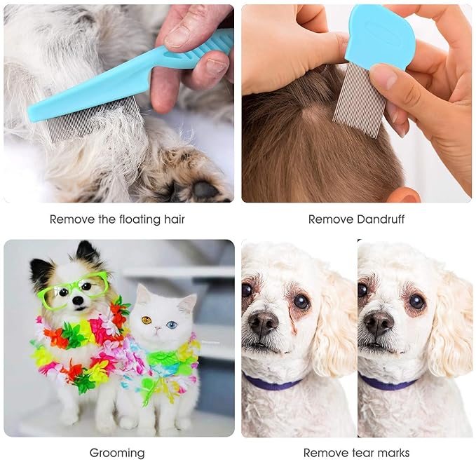 Cat & Dog Grooming Set - Fine Tooth Comb for Removing Dandruff Flakes & Hair (Blue)