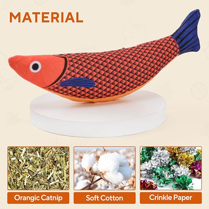 AUSCAT Cat Catnip Toys, 3PCS Catnip Fish Toy for Cats, Cat Kicker Toys with Crinkle Sound, Interactive Plush Soft Cat Toys for Indoor Cats and Kittens