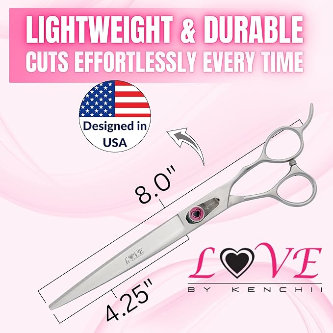 Kenchii Love Dog Grooming Scissors, 8 Inch Straight Shears, Dog Scissors for Grooming, Professional Pet Grooming Scissors, Heavy Duty, Durable and Sharp