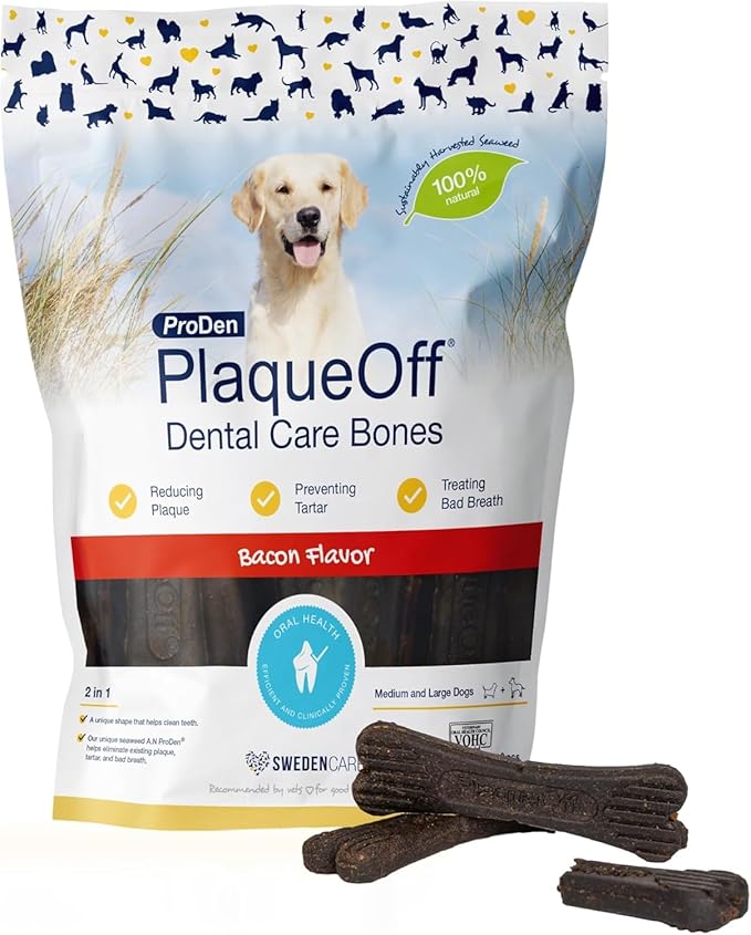 ProDen PlaqueOff System Dental Care Bones - Dog Teeth Cleaning Bones for Oral Hygiene -Medium/Large Canine Formula - Bacon Flavor -17 oz(Packaging May Vary)