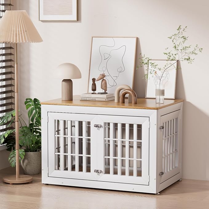 42" Heavy Duty Dog Crate Furniture for Small,Medium and Large Dogs,Rustic Wooden Dog Cage Kennel Indoor Furniture with Waterproof Top,Decorative Pet House Side End Table (White & Wood)
