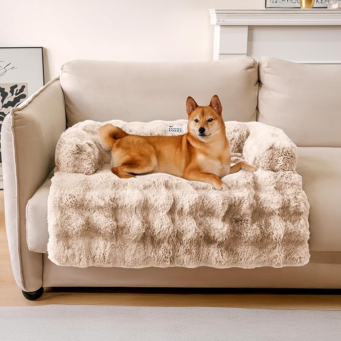 FUNNY FUZZY Pet Fluffy Fuzzy Couch Cover, Calming Washable Dog Bed Sofa Protector Pets Mat for Small Medium Dogs and Cats (Coffee,33.45 × 28.35 × 5.51 in)