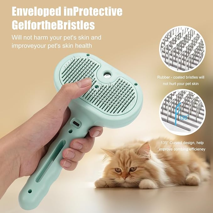 3-in-1 Pet Steam Brush, Grooming Comb with Water Tank for Cats and Dogs, Long and Short Hair (Green)