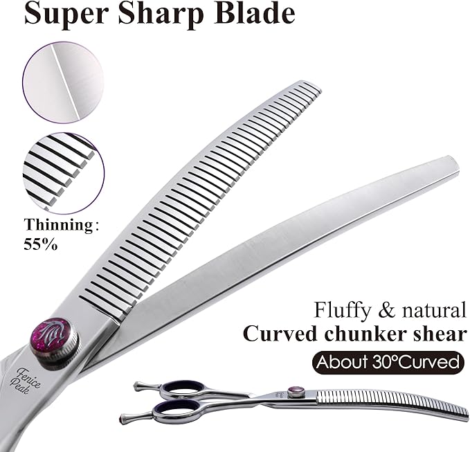 Fenice Peak 7.5" Professional Dog Grooming Scissors 55% Thinning, 30-Degree Curved Blender, Japanese 440C Gromming Shear for Trimming Dogs Cats and Other Pets face and paws