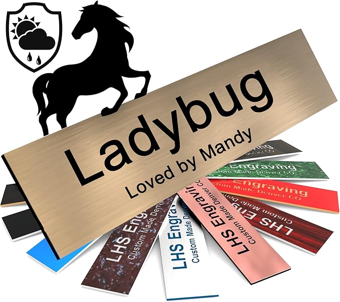 Personalized Horse Stall Name Plates, 2x10 Horse Stall Signs with Adhesive, All Weather UV Protected, Brushed Copper Pattern Plastic Black Letters - Made in USA - M5
