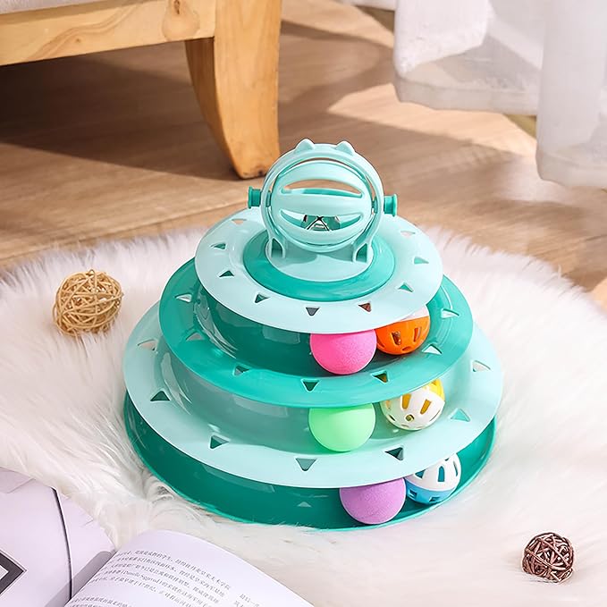 Vealind Cat Toy Roller 4-Level Turntable Cat Toys Balls with Colorful Pom Pom Balls Interactive Fun Mental Physical Exercise Puzzle Kitten Toys (Orange)