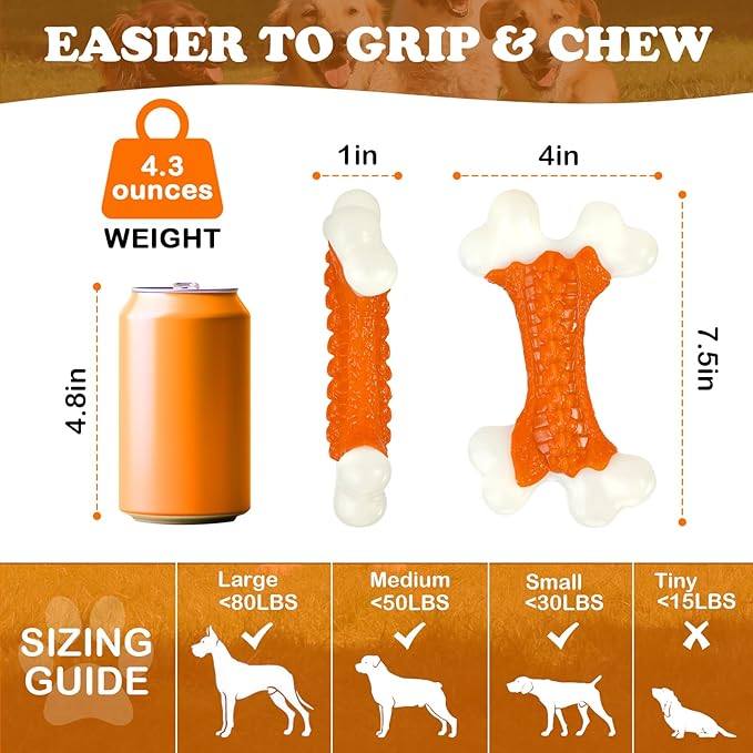2-Pack Indestructible Dog Toys for Aggressive Chewers: Peanut Butter Flavored Hard Nylon Bone Chew Toys, Tough Dog Chew Toys, Dog Toys to Keep Them Busy for Medium Large Dogs, Orange