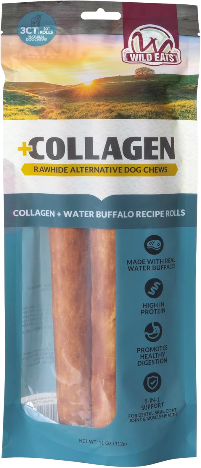Wild Eats Water Buffalo Flavor Collagen Retriever Style Cheek Rolls 10" Dog Chews-3 Pack (Long Lasting Dog Chews Treats & Bones for Medium Dogs) Substitute for Pig Ears for Dogs