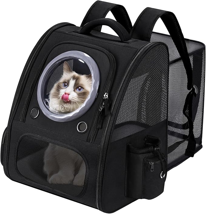 Expandable Pet Carrier Backpack with Transparent Bubble Window, Gray Mesh Travel Bag, Portable Space Capsule Design with Foldable Dogs Carrier for Pets (Black)