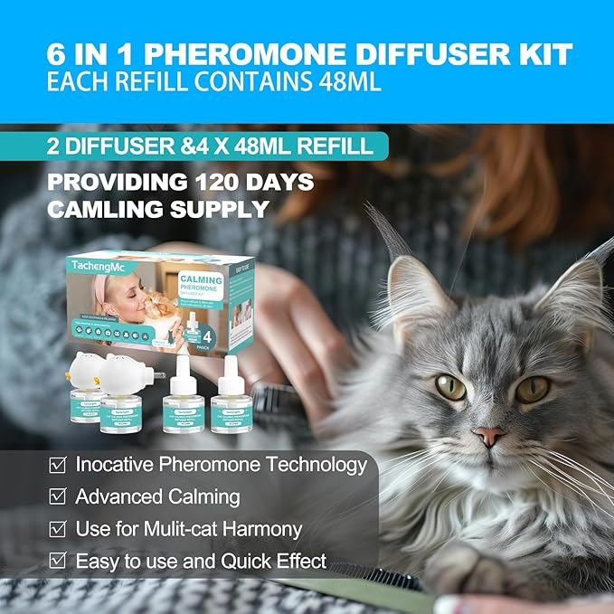 Cat Calming Diffuser, Cat Pheromones Calming Diffuser with 2 Diffuser + 4 Refill 48ml, 6-in-1 Cat Anxiety Relief Cat Pheromone Diffuser Kit 120 Days, Pheromone Diffuser to Calm Cats