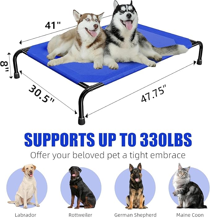 Simple Trending Raised Dog Bed for Large Dogs, Waterproof XL Dog Cot, Outdoor Cooling Elevated Pet Bed Load 200lb, 47.75" x 30.5", Blue